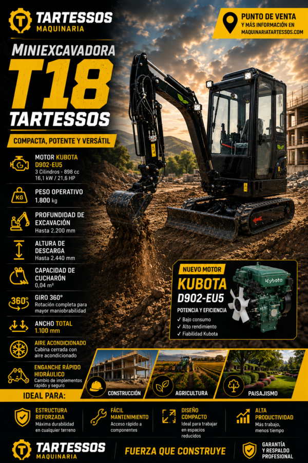 Miniexcavadora Tartessos 1800 kg Motor Kubota – Compacta, Potente y Profesional