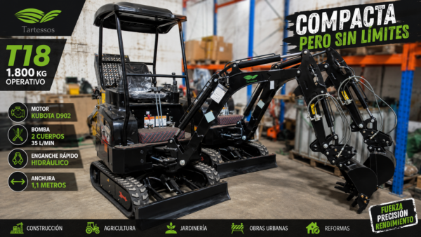 Miniexcavadora Tartessos T18 1800 kg Motor Kubota D902 | Enganche Rápido Hidráulico