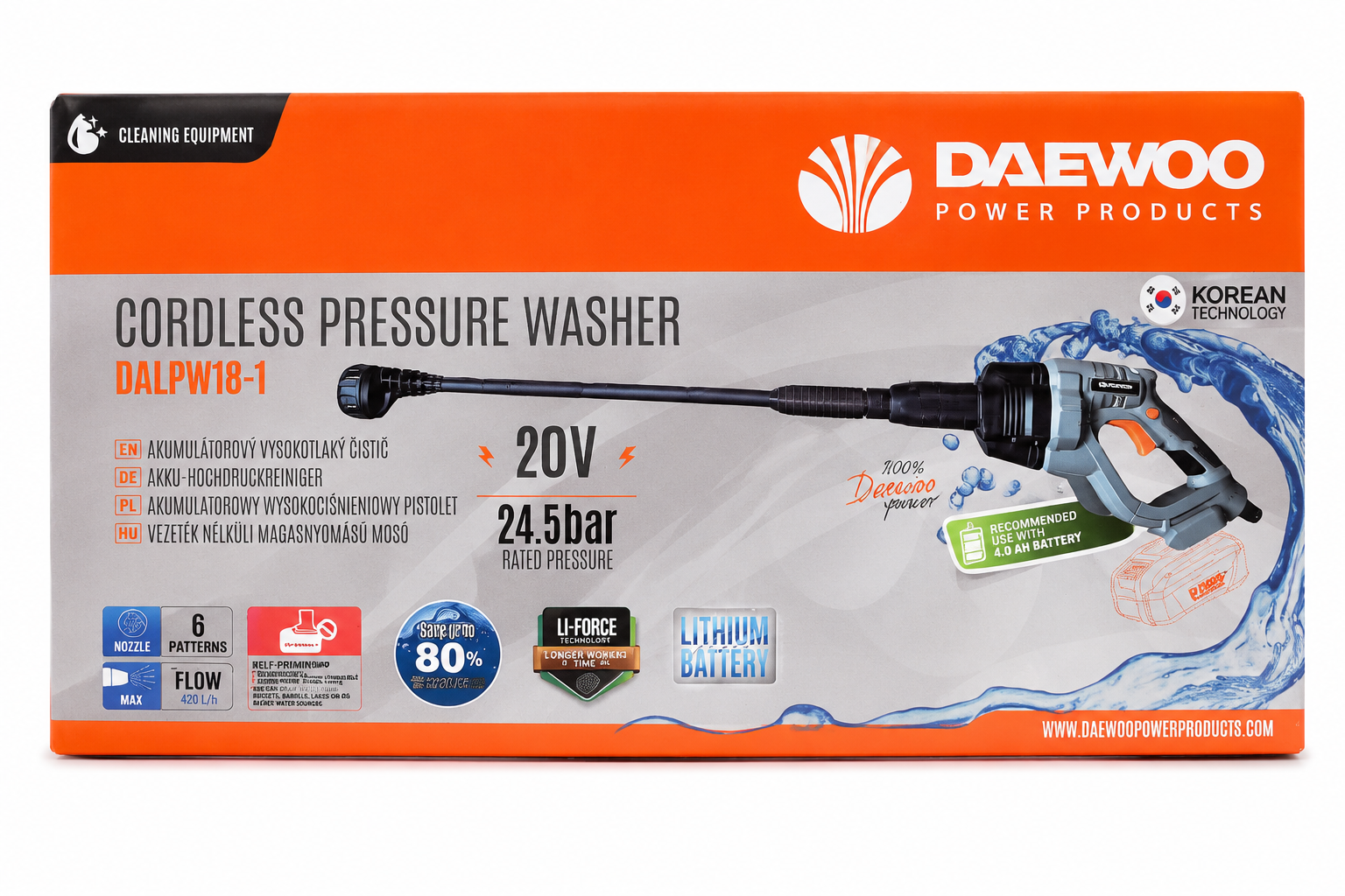 Hidrolimpiadora Inalámbrica Daewoo DALPW18-1 20V – Kit Completo con Batería, Cargador y Accesorios