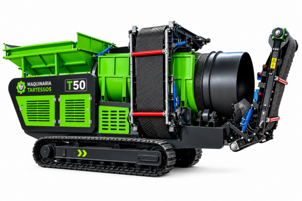 Cribadora industrial T50 Tartessos en verde y negro Tromel móvil sobre orugas Tartessos T50