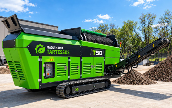 Cribadora industrial Tartessos T50 verde Tromel móvil sobre orugas Tartessos T50